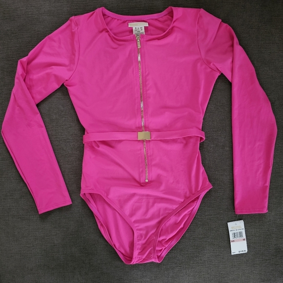 Michael Kors Pink long Sleeve Zip Up Logo Belt One Piece Paddle Swimsuit Size 8 - Picture 9 of 10